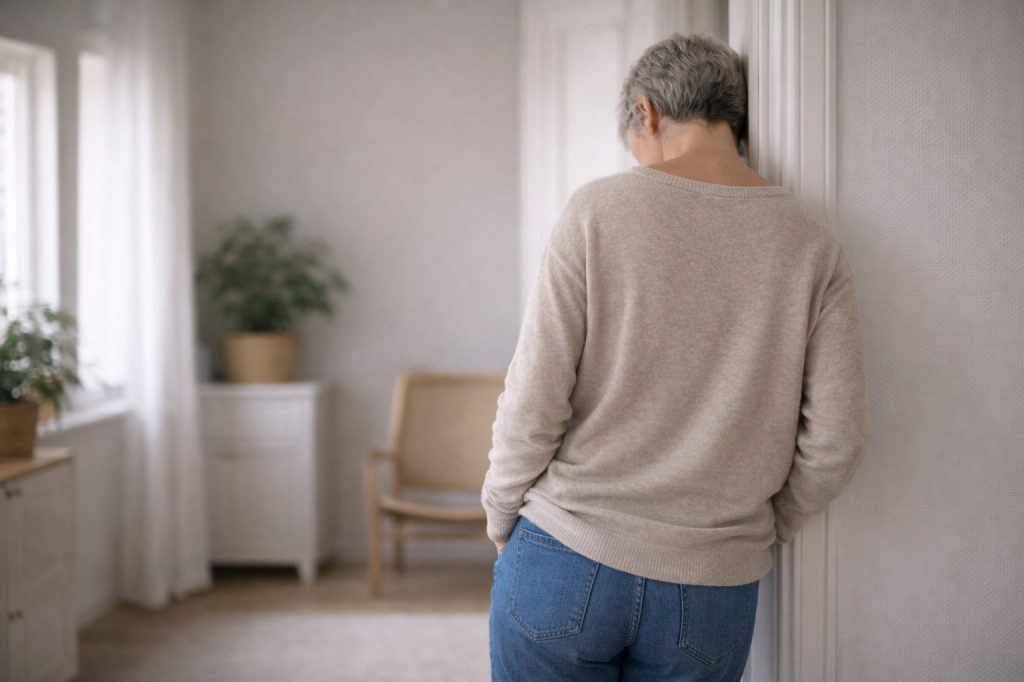 Når smerterne ikke forsvinder Kvinde står lænet op ad dørkarm