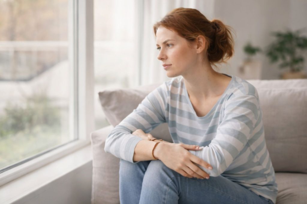 Følelsen af at være på hele tiden (3) Kvinde sidder og kigger ud af vinduet
