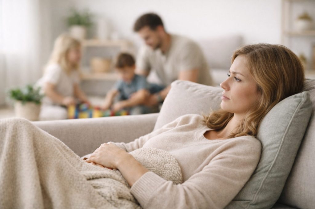 Kvinde hviler imens resten af familien er samlet