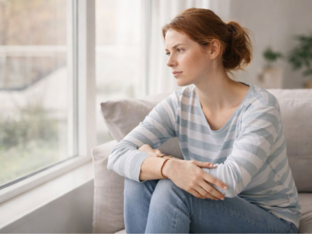Kvinde der sidder og kigger ud af vinduet