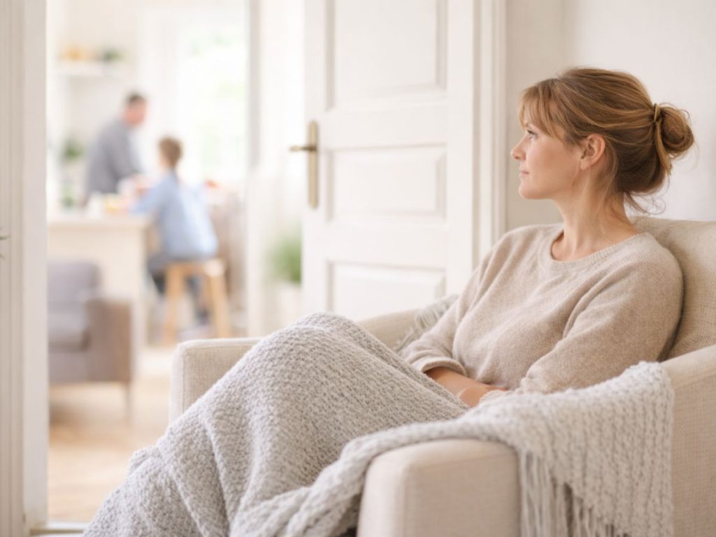 Kvinde sidder afsides og kigger på familien